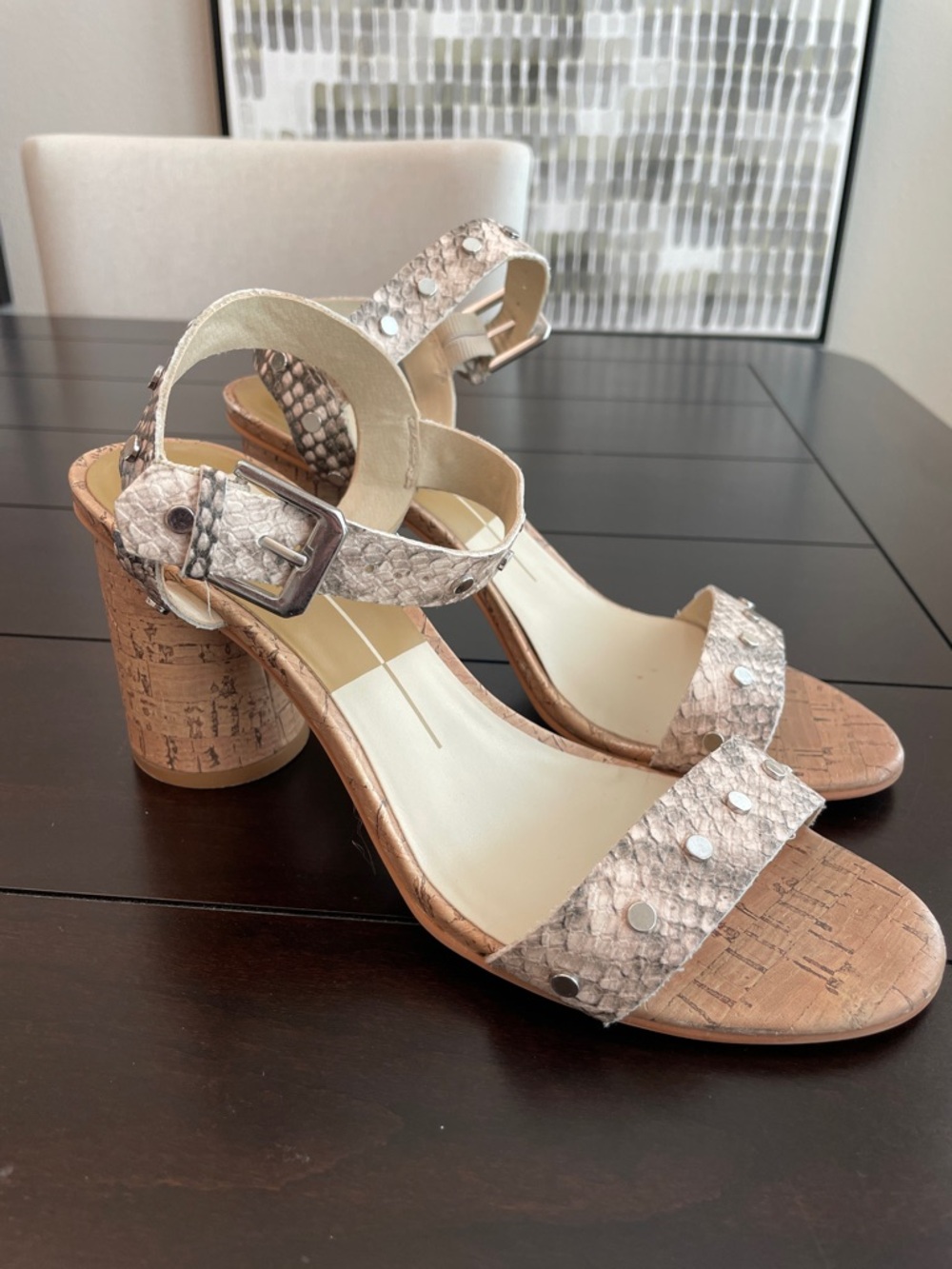 Dolce Vita Light Beige Snake-Embossed Cork Block Heel Sandals